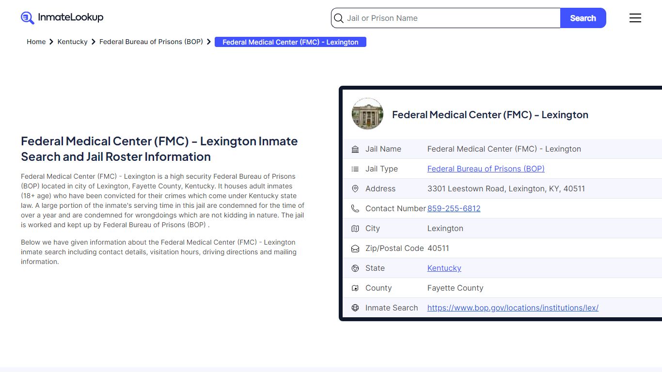 Federal Medical Center (FMC) - Lexington Inmate Search, Jail Roster ...