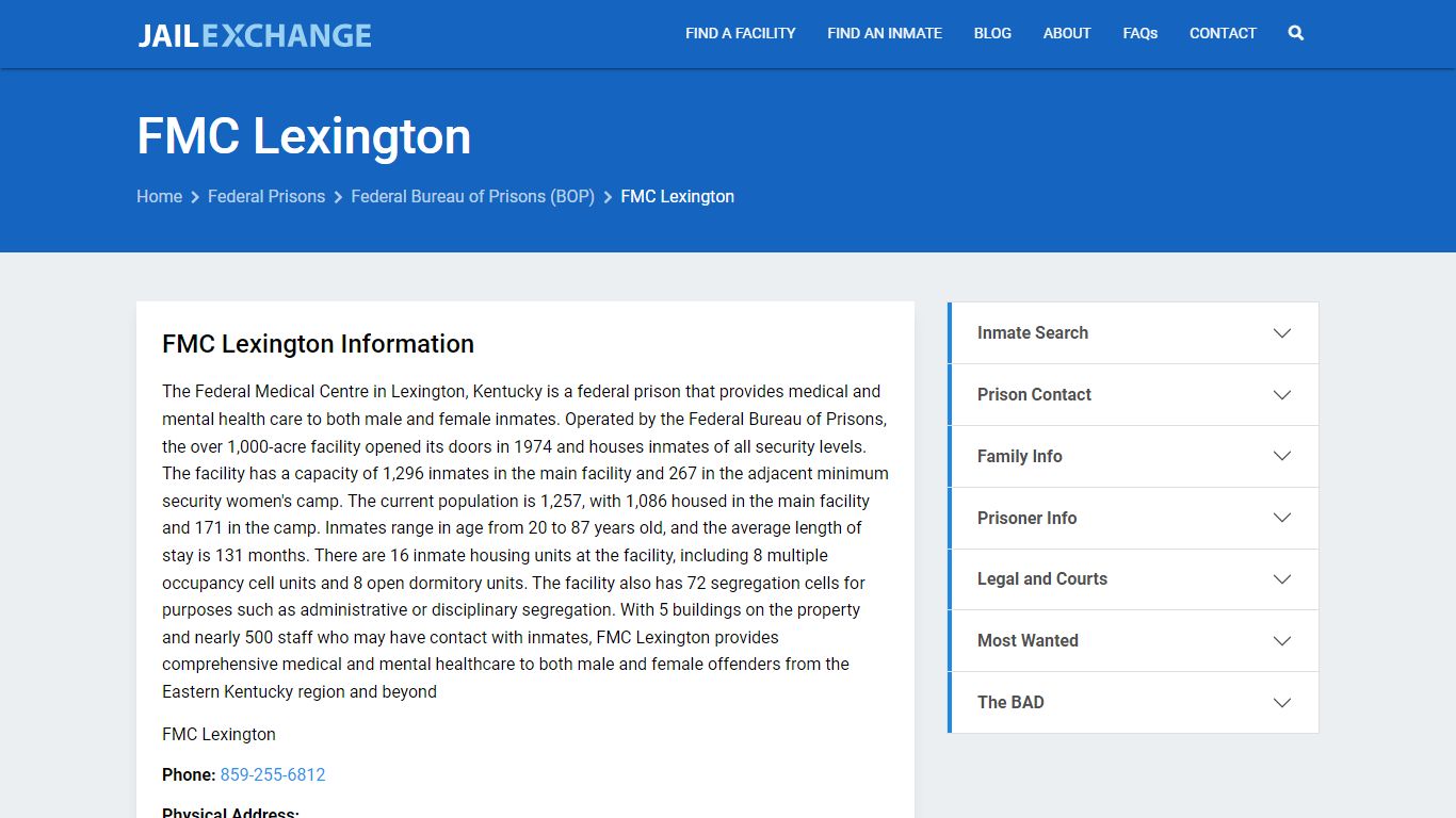 Federal Inmate Search - FMC Lexington - Jail Exchange